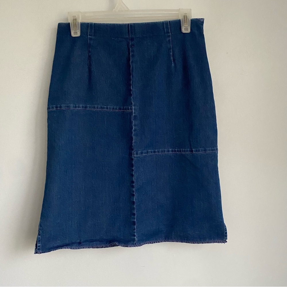 Seasons Blue Jean Pencil Skirt Stretch Knit Denim Patch Detail Size 8